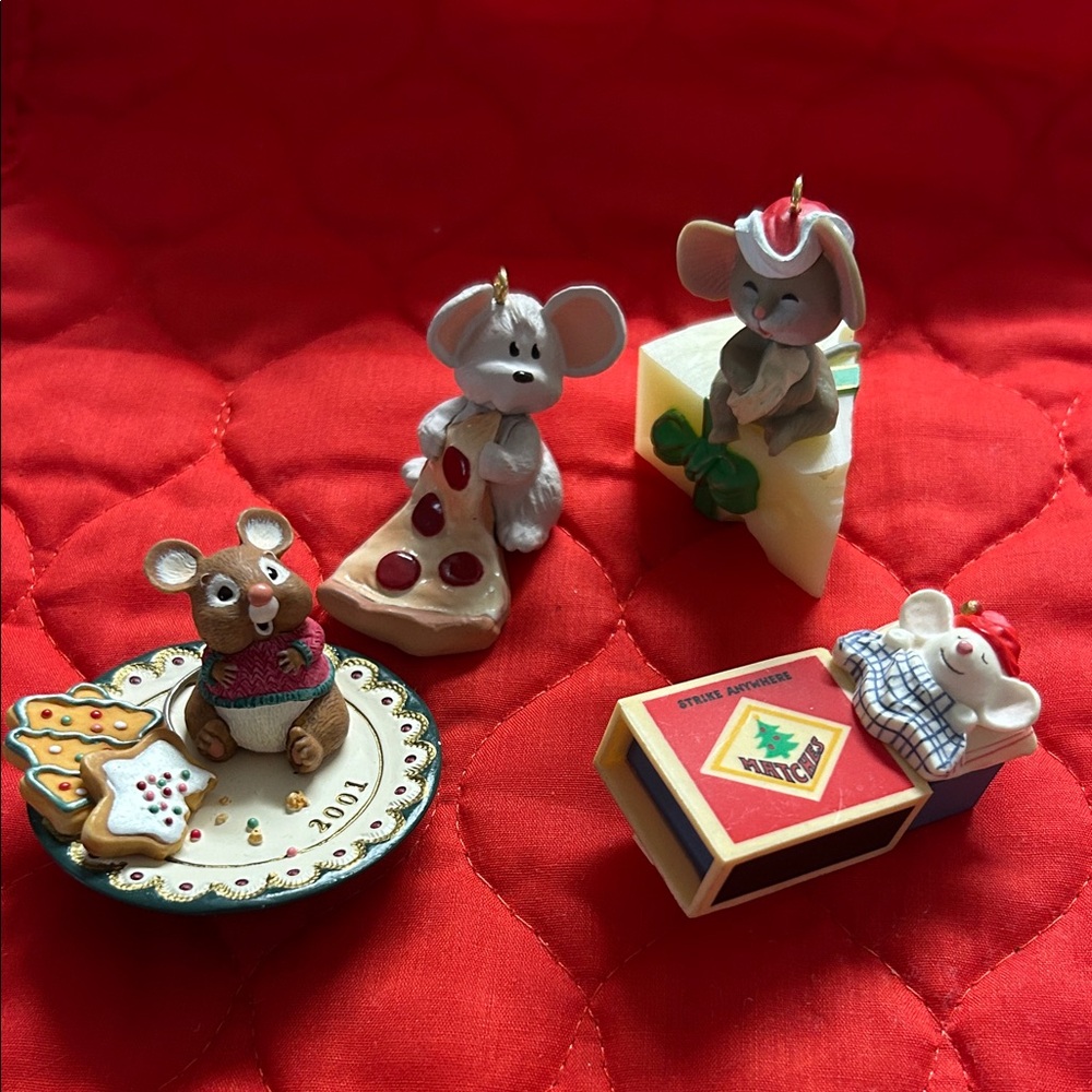 Hallmark Holiday Mouse Ornaments - Red, White, Gray, Green Four vintage